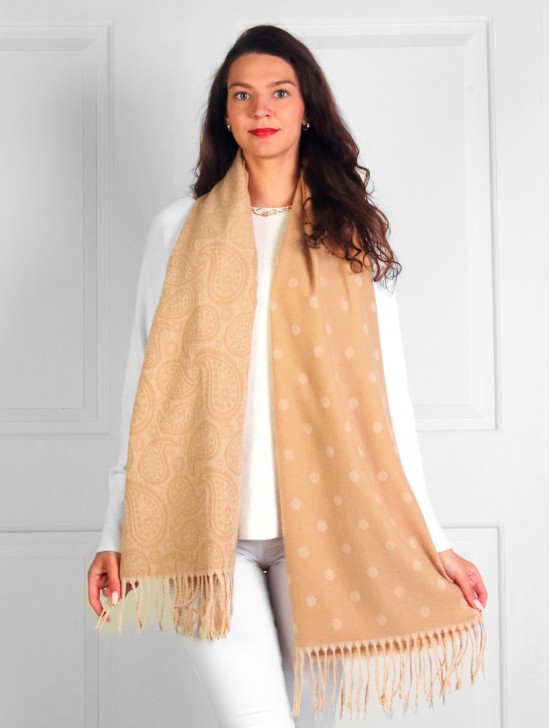 Cashmere Feeling Paisley & Polka-Dot Scarf with Fringes